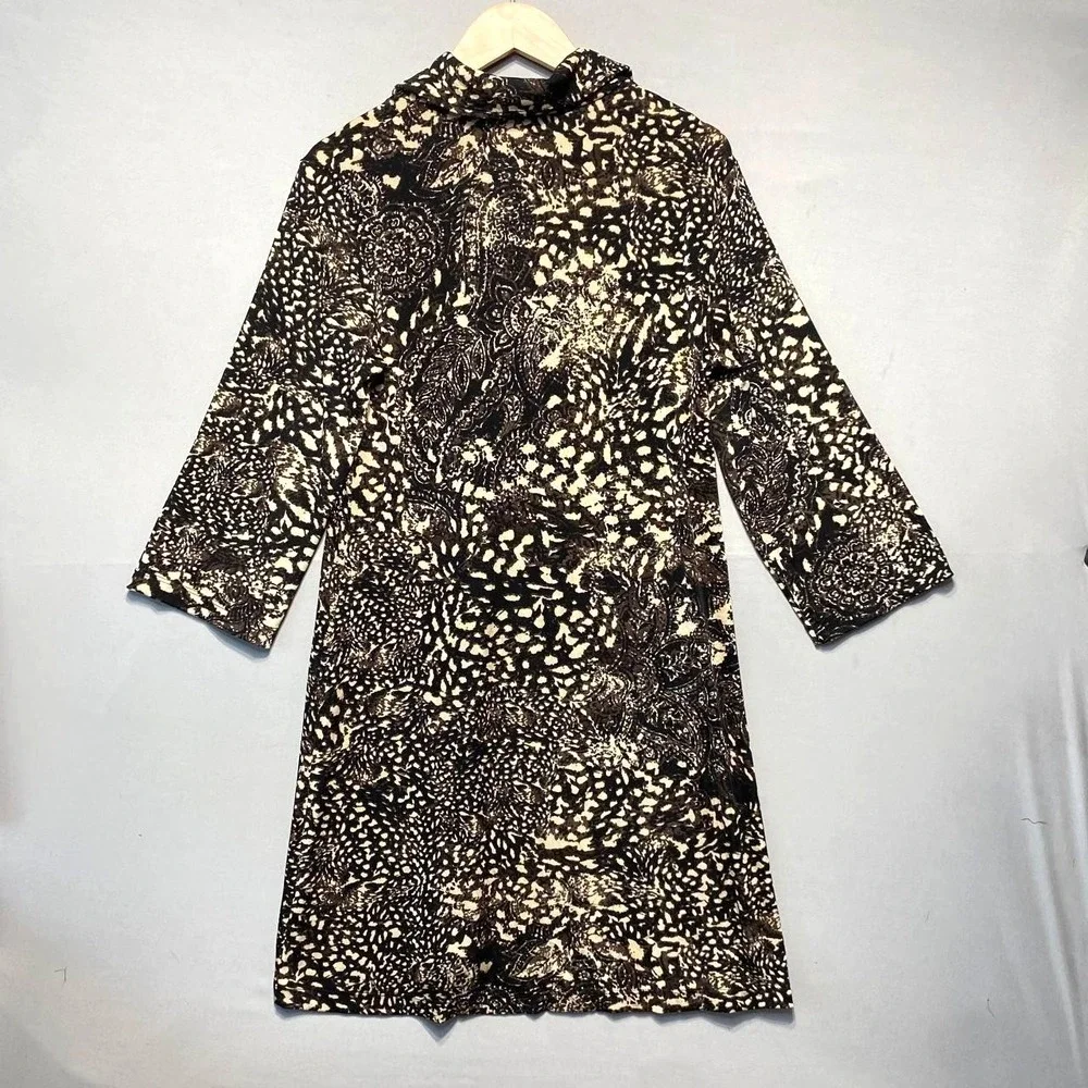 Chicos Travelers Shirt Dress Womens M Brown‎ Abstract Slinky Knit Stretch Travel